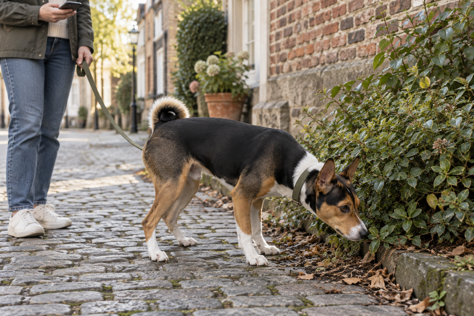 Basenji počas prechádzky opakovane zastavuje pri močení v tráve